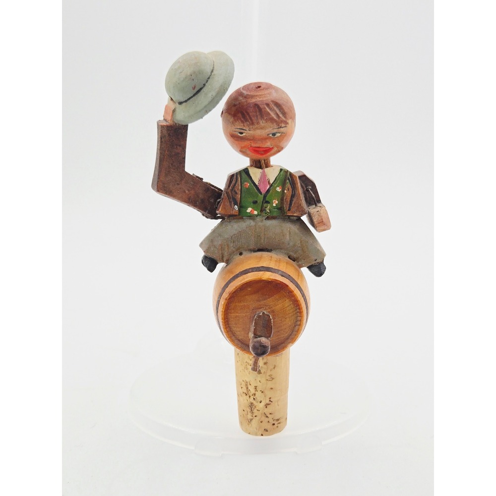 Vintage ANRI Italy Mechanical Wood Bottle Stopper Tipping Hat Man on Barrel READ